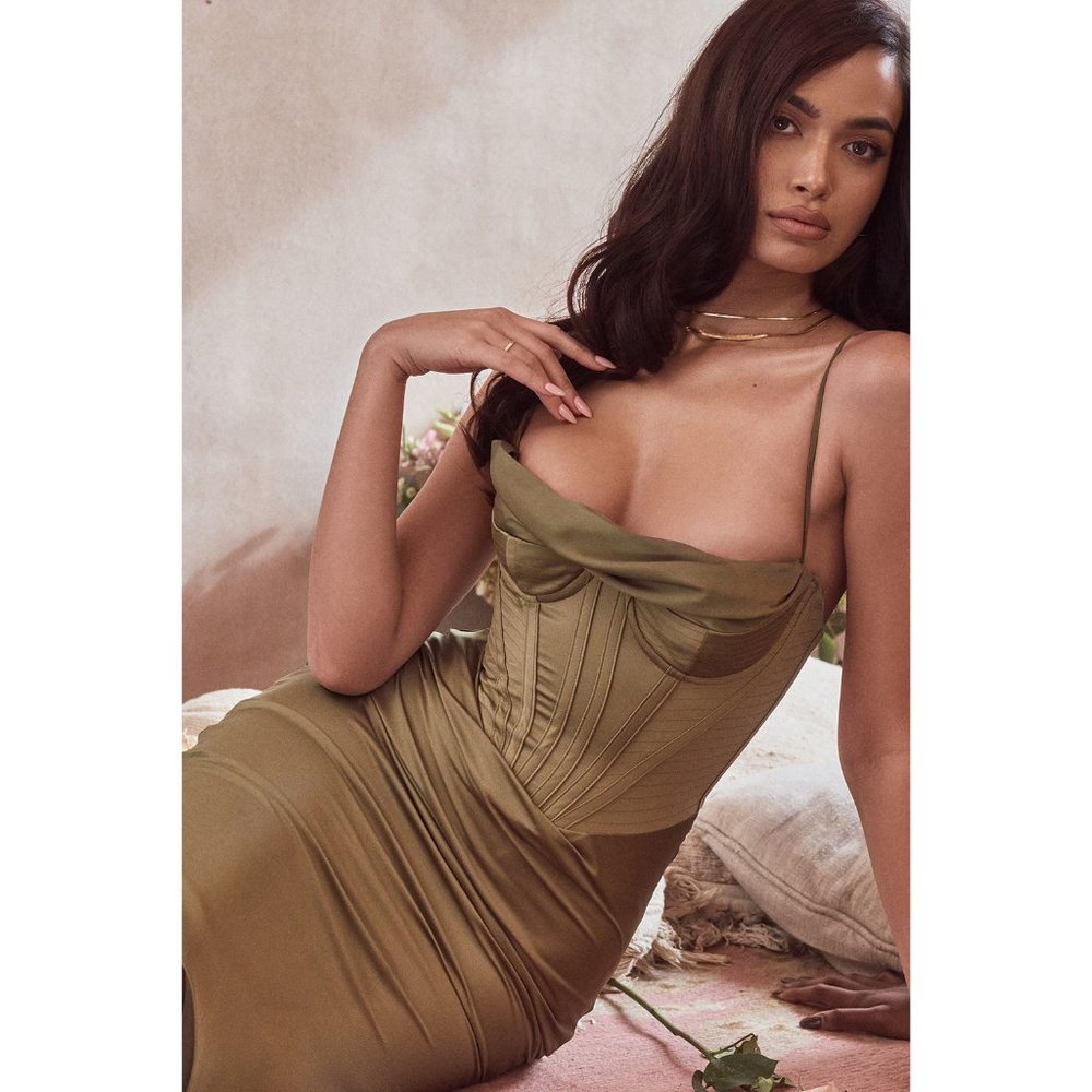 Brand New House of CB Olive Myrna Corset Cowlneck Dress Size S Regular Cup